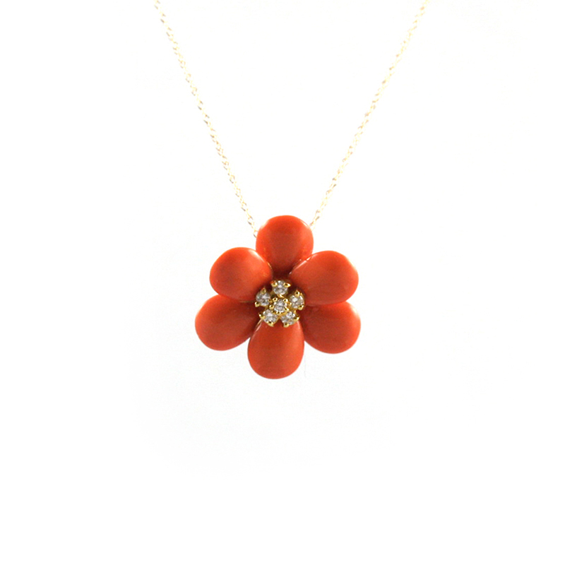 Estate Yellow Gold Diamond and Coral Flower Pendant