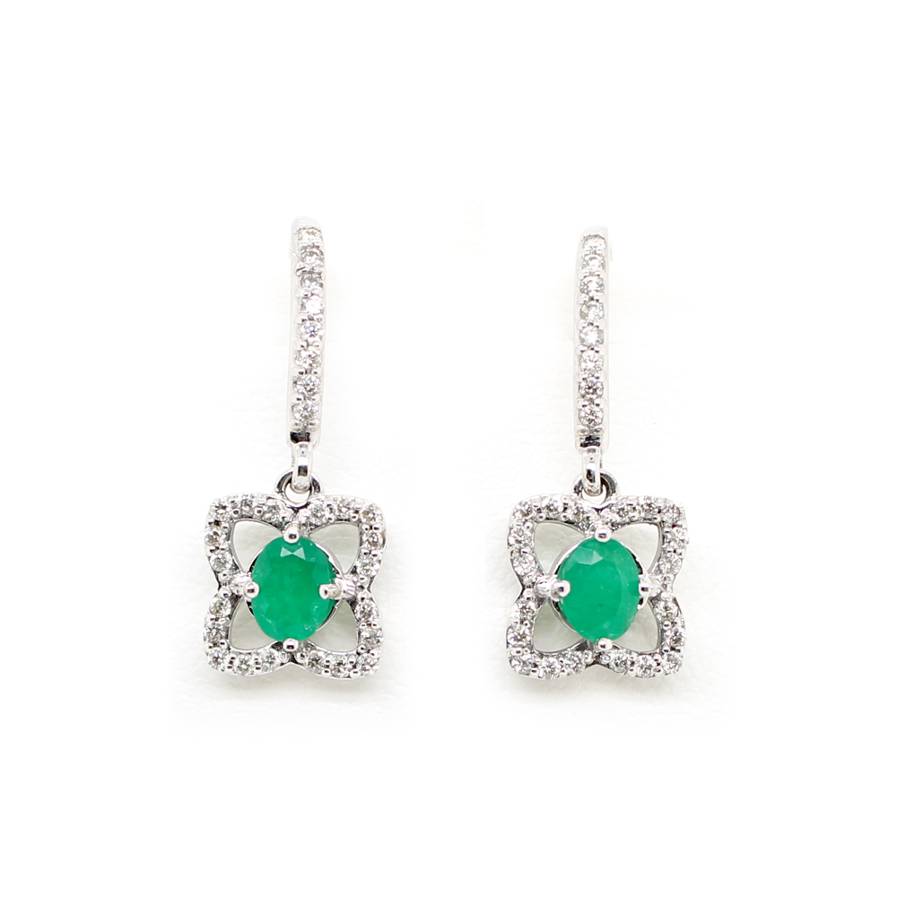 Estate White Gold Emerald Diamond Earrings