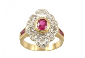 14 karat yellow gold diamond and ruby ring
