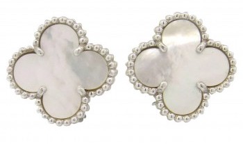 Vintage 14 Karat White Gold And Mother Of Pearl Clover Earrings