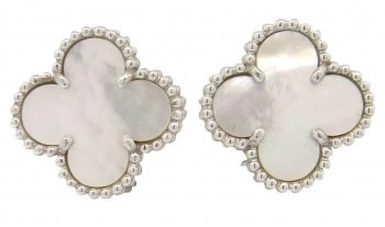 Vintage 14 Karat White Gold And Mother Of Pearl Clover Earrings