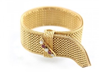 Vintage 18 Karat Yellow Gold And Ruby Mesh Bracelet