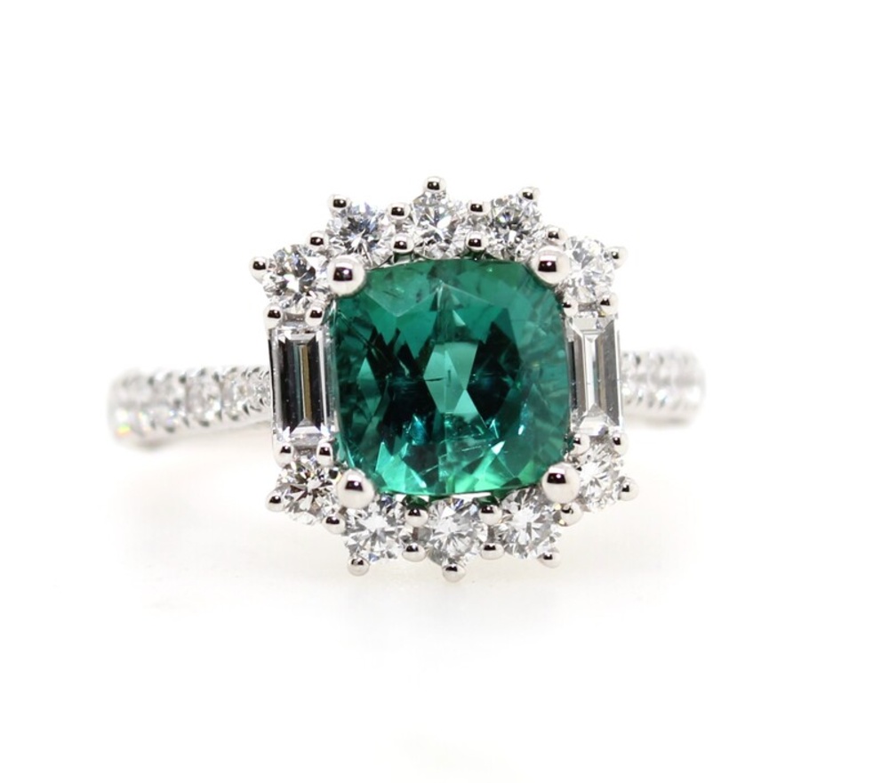 Blue-Green Tourmaline and Diamond Ring