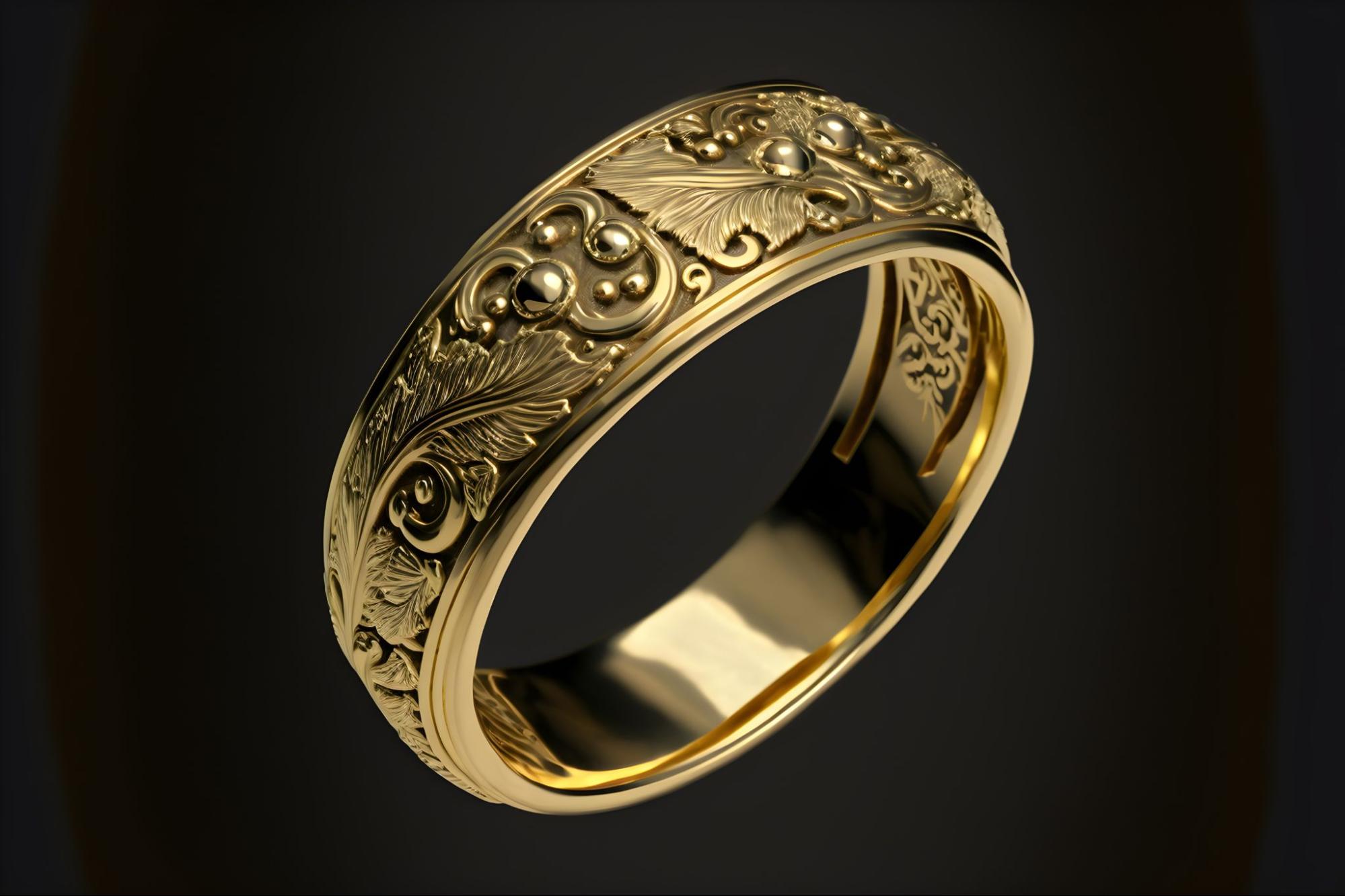 A gold wedding ring with filigree design against a black background