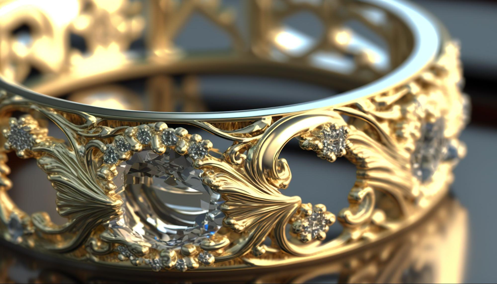 A close-up of a Victorian wedding band with intricate designwork and small diamonds