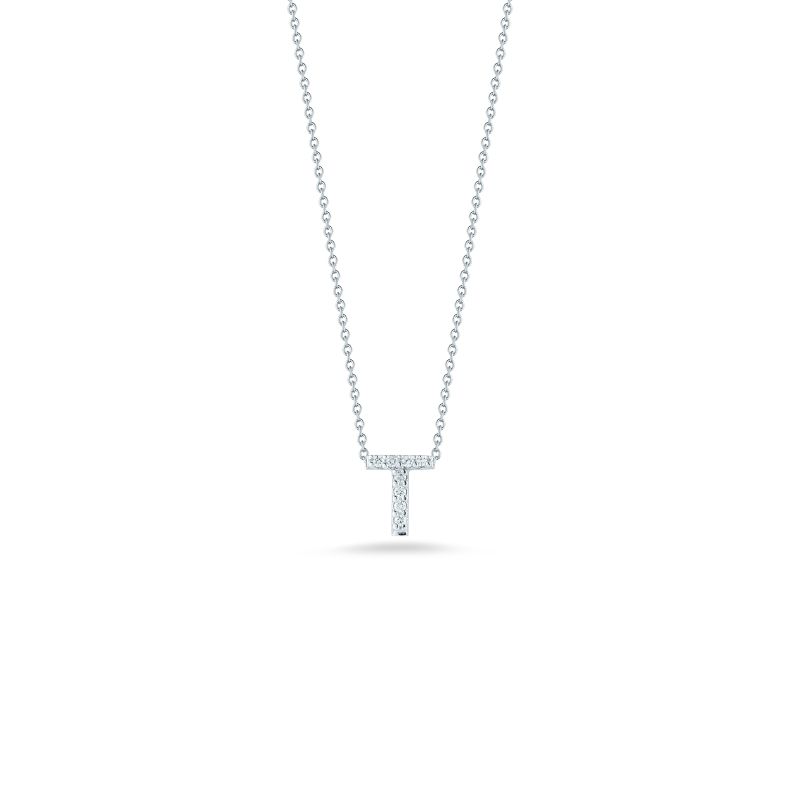 Roberto Coin eighteen karat white gold diamond love letter necklace suspended on an eighteen karat white gold oval link chain measuring 18 inches adjustable to 16 inches