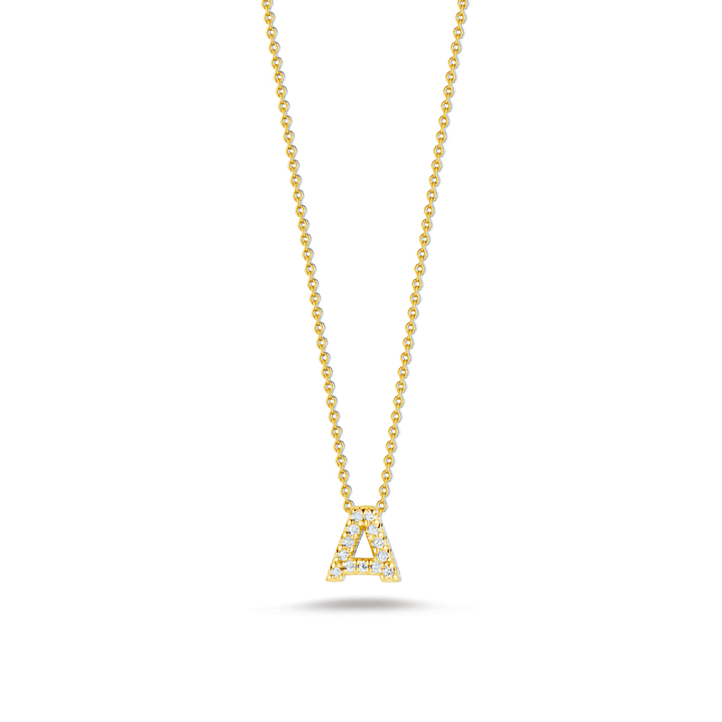 Roberto Coin Eighteen Karat Yellow Gold Diamond Love Letter Necklace Suspended On An Eighteen Karat Yellow Gold Oval Link Chain Measuring 18 Inches Adjustable To 16 Inches