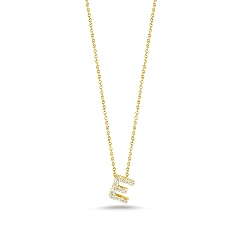 Roberto Coin 18k  yellow gold diamond "E" love letter necklace suspended on an eighteen karat yellow gold oval link chain measuring 18 inches adjustable to 16 inches