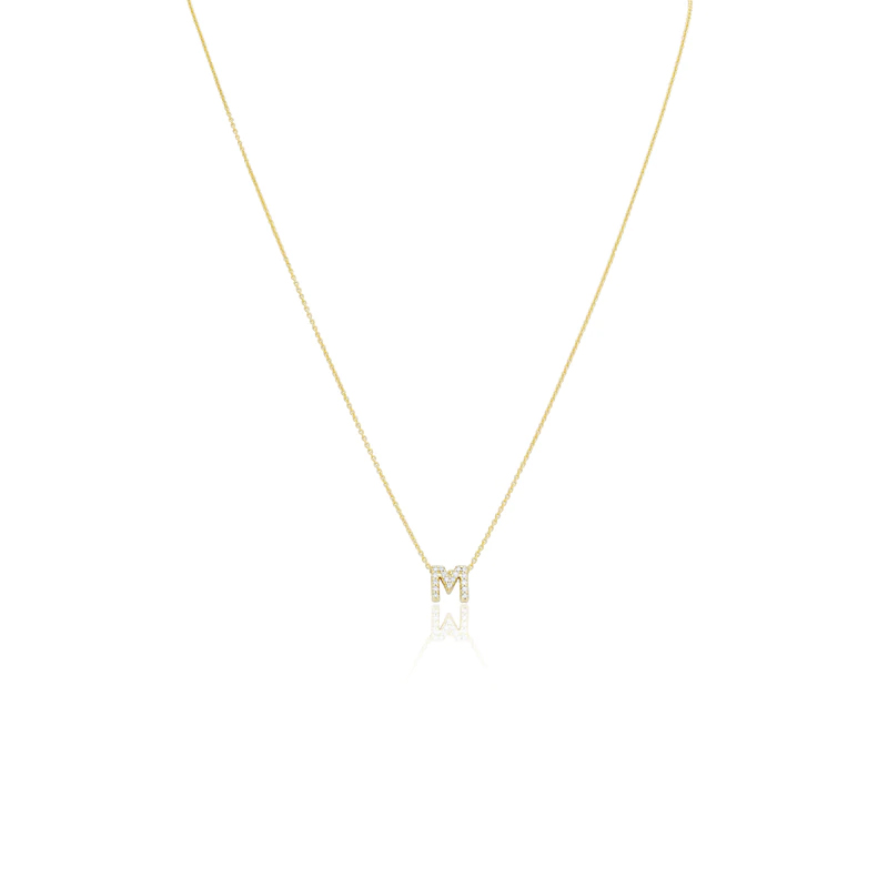 Roberto Coin 18k yellow gold diamond "M"  love letter necklace suspended on an eighteen karat yellow gold oval link chain measuring 18 inches adjustable to 16 inches