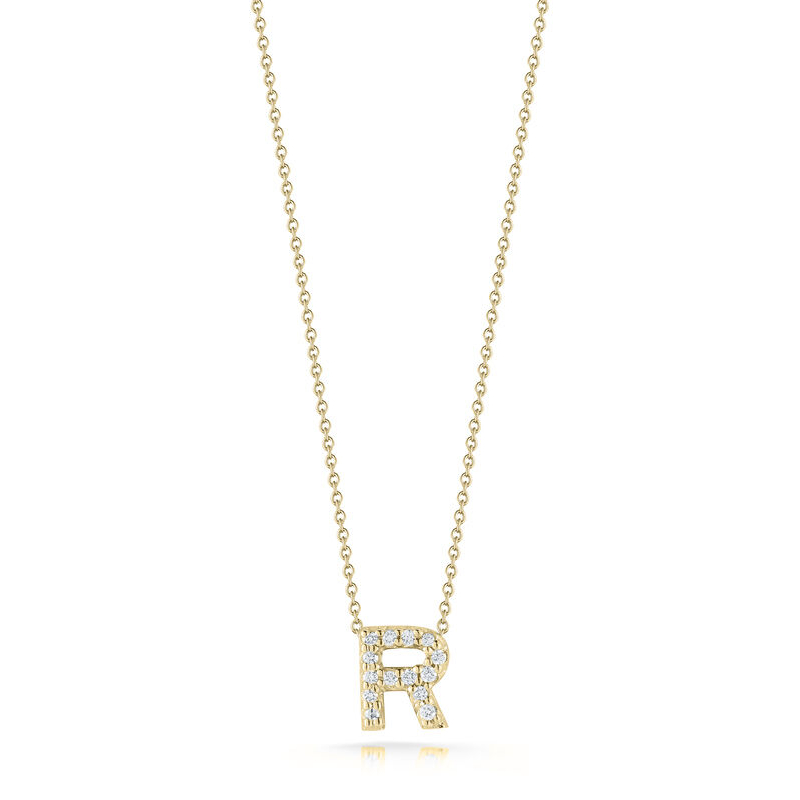 Roberto Coin Eighteen Karat Yellow Gold Diamond Love Letter Necklace Suspended On An Eighteen Karat Yellow Gold Oval Link Chain Measuring 18 Inches Adjustable To 16 Inches