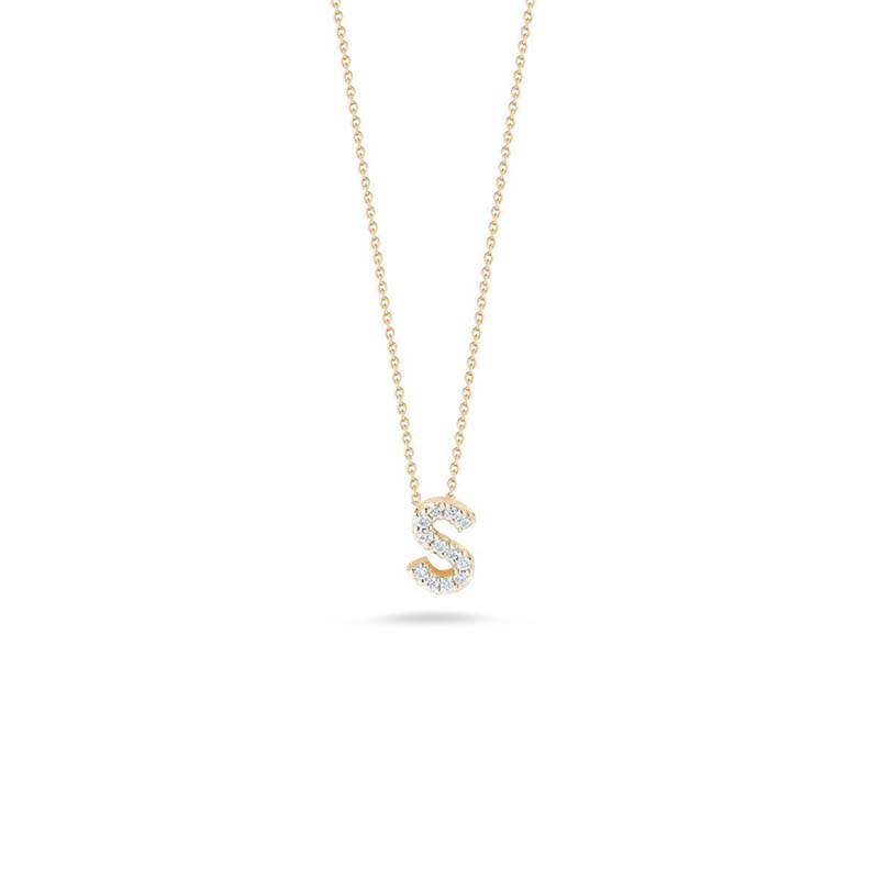 Roberto Coin 18k yellow gold diamond "S" love letter necklace suspended on an eighteen karat yellow gold oval link chain measuring 18 inches adjustable to 16 inches