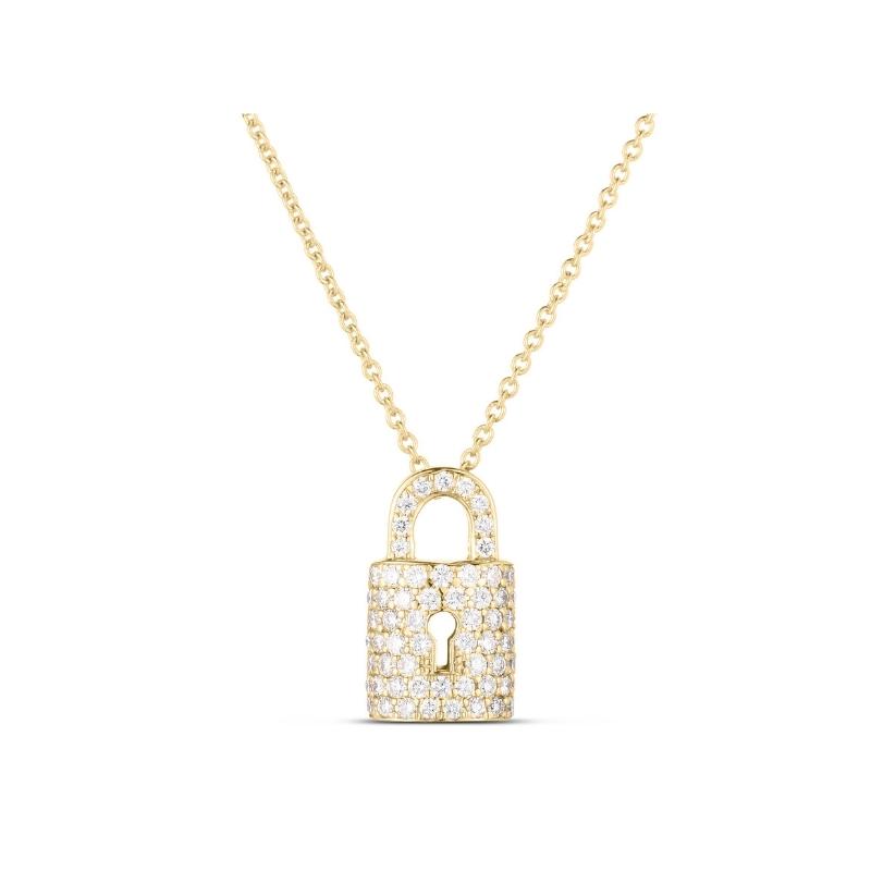 Roberto Coin 18 Karat Yellow Gold Diamond Lock Charm Necklace Measuring 18" Long Adjustable To 16"
