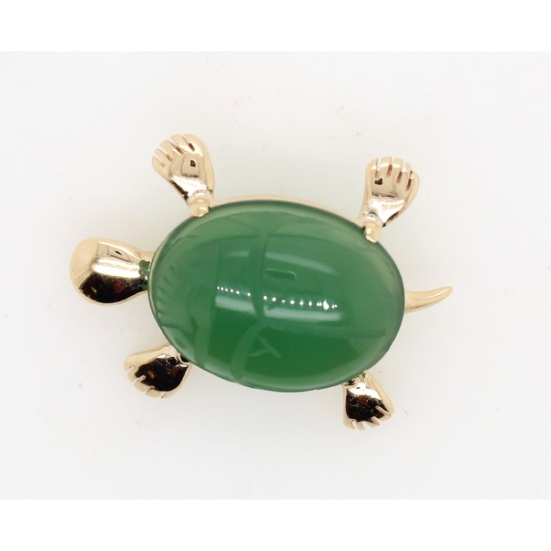 Estate 14 Karat Yellow Gold Scarab Carved Green Chalcedony Pin.