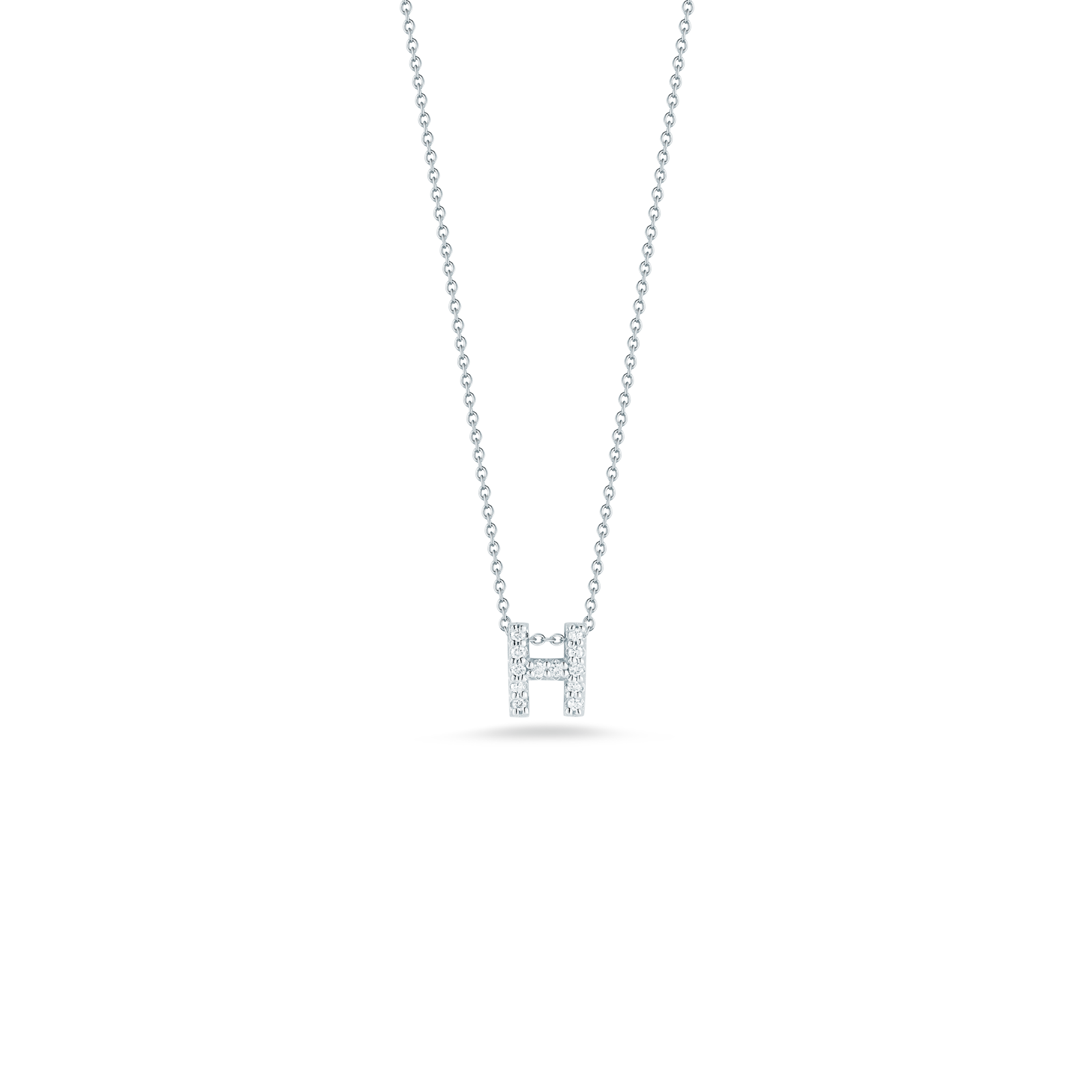 Roberto Coin lady s eighteen karat white gold diamond love letter necklace suspended on an eighteen karat white gold oval link chain measuring 18 inches adjustable to 16 inches