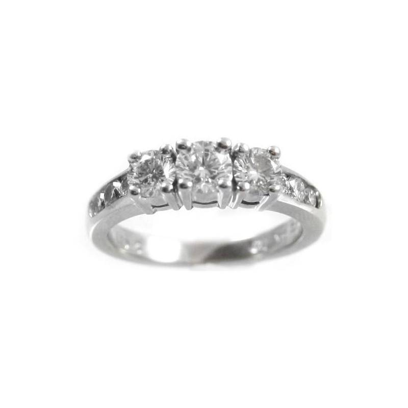 Estate 14 Karat White Gold Diamond Ring Having 3 Round Brilliant Diamond Prong Set Across Center With 3 Full Cut Diamonds Channel Set On Each Side Of Center