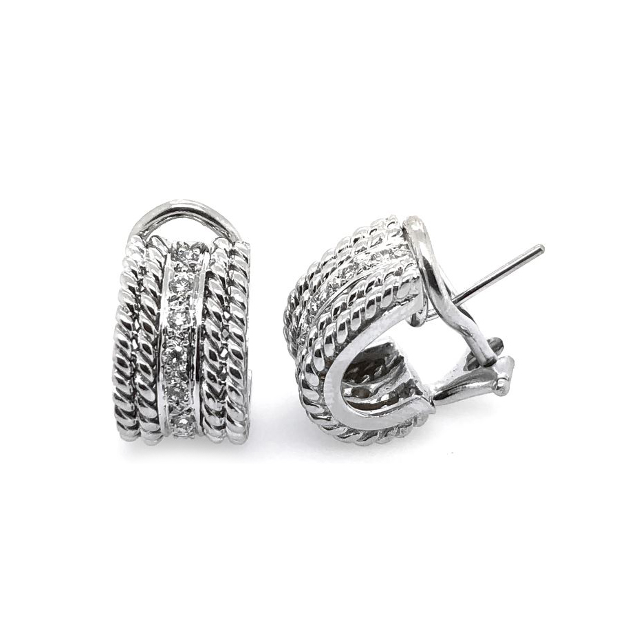 Estate Cassis 18 Karat White Gold Diamond J-Hoop Earrings Each Having 8 Full Cut Diamonds Pave Set In A Verticle Row With A Double Rope Edge Frame And Omega Backs
