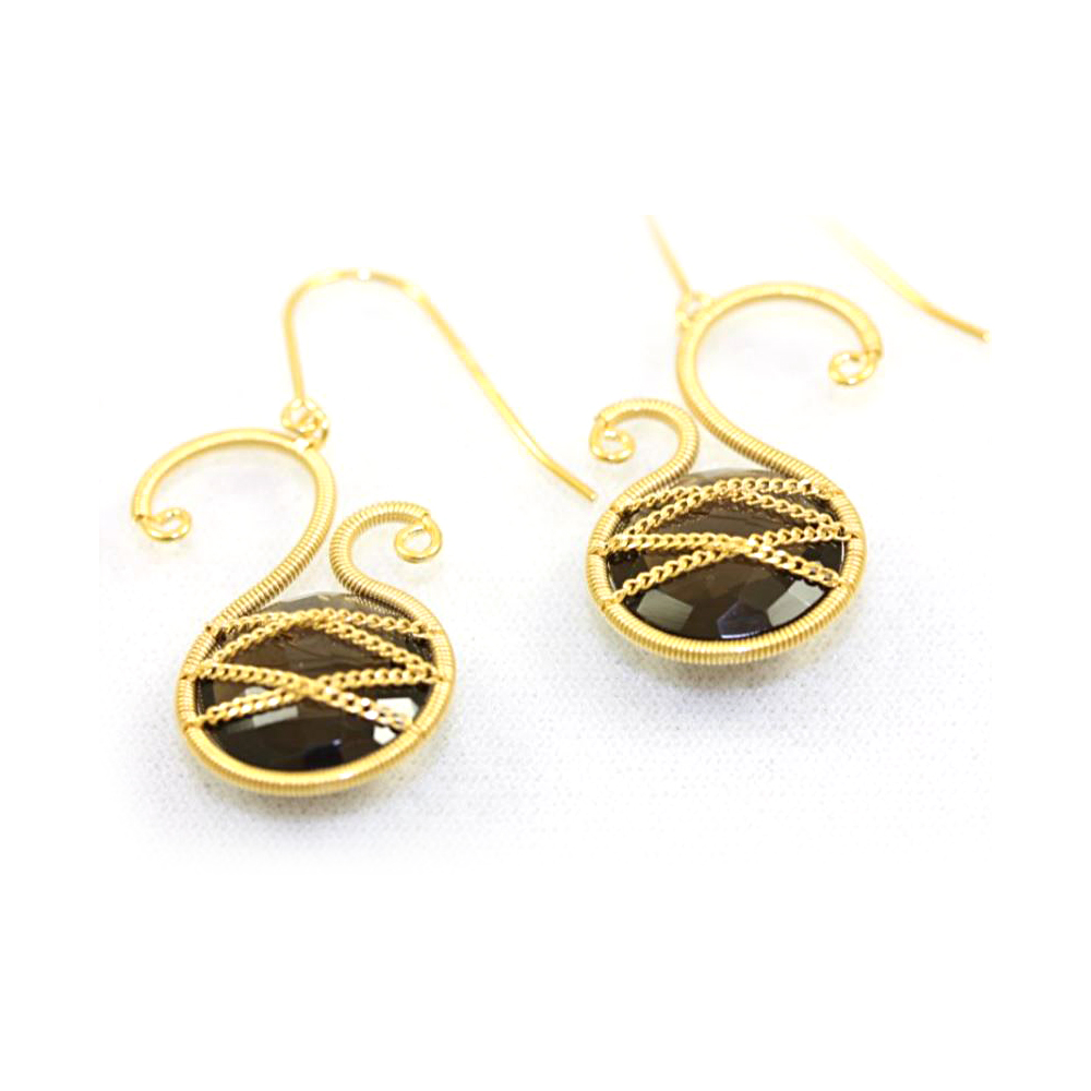 18 Karat Yellow Gold Over Sterling Silver Asymmetric Smokey Quartz Stone Dangle Earrings