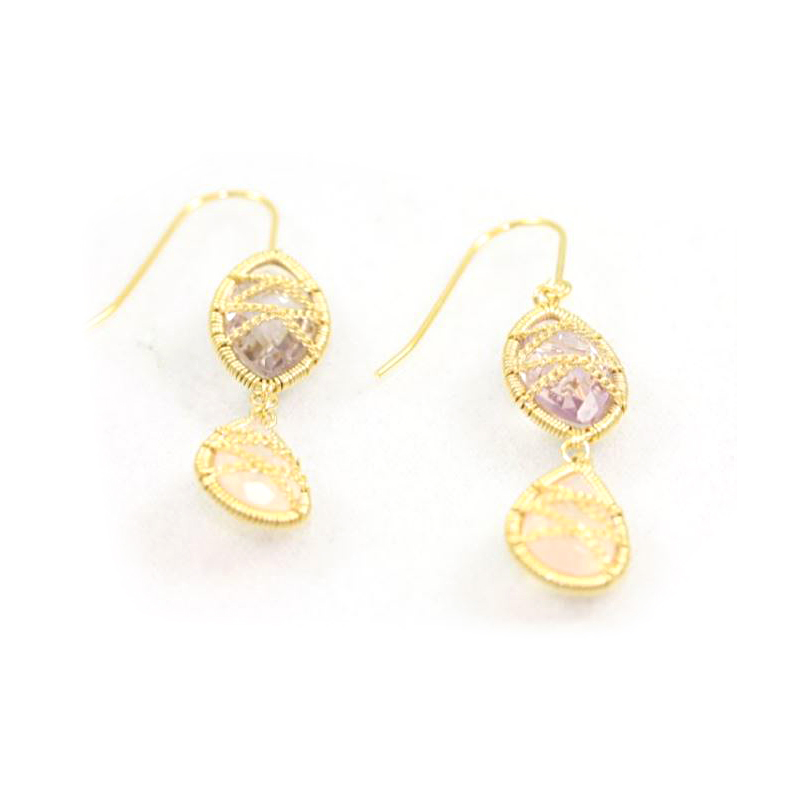 Yellow Gold Over Sterling Silver Amethyst/Rose Quartz Dangle Earrings Each Earring Has 1 Marquise Natural Amethyst & 1 Pear Shaped Natural Rose Quartz  Each Bezel Set In Wire Strand Trim With Hand Wrapped Strand Section On Each Side