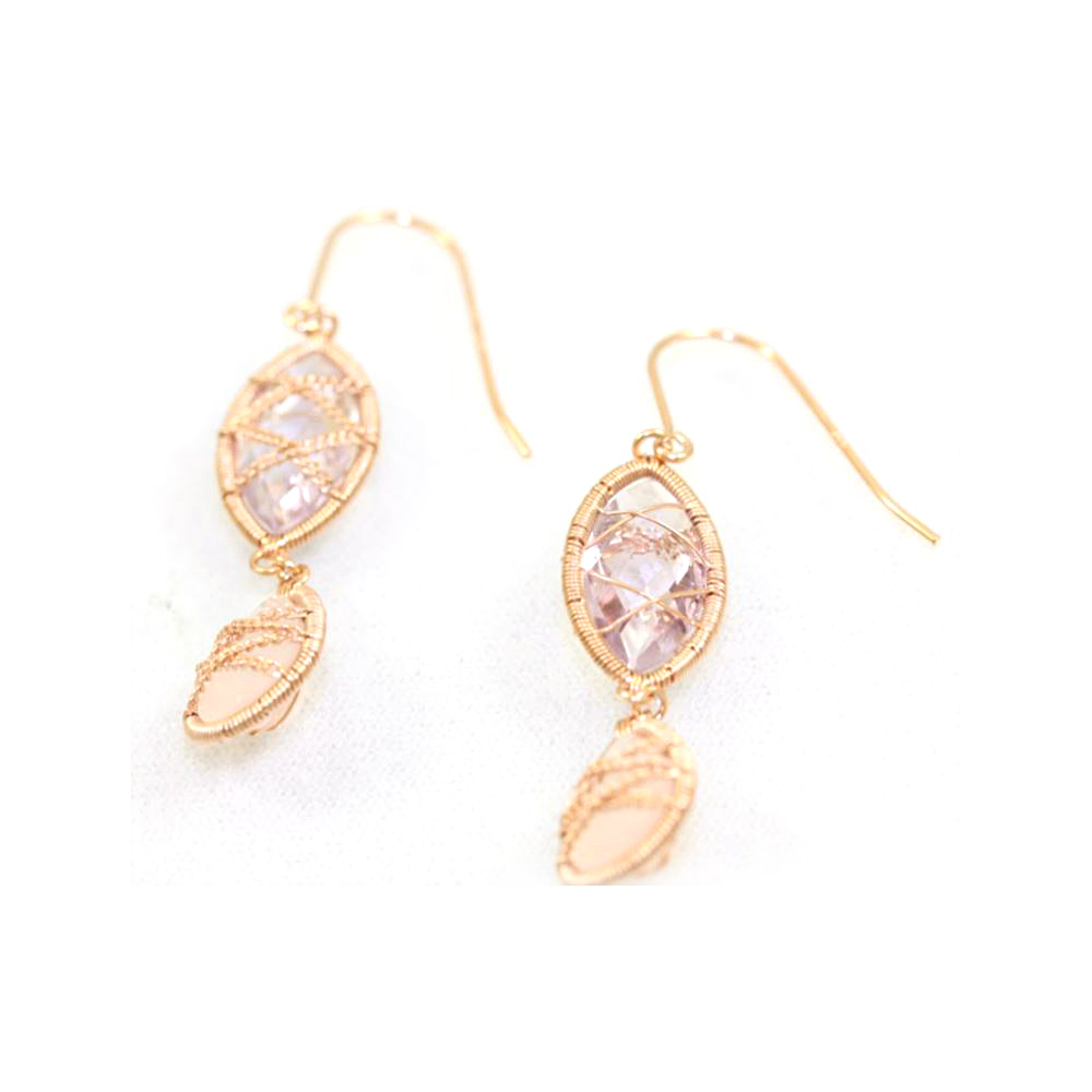 18 Karat Yellow Gold Over Sterling Silver Amethyst/Rose Quartz Dangle Earrings Each Earring Has 1 Marquise Natural Amethyst & 1 Pear Shaped Natural Rose Quartz  Each Bezel Set In Wire Strand Trim With Hand Wrapped Strand Section On Each Side