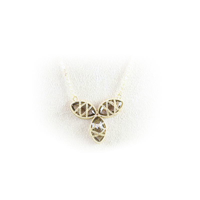 18 Karat Yellow Gold Over Sterling Silver Triple Floral Smokey Quartz Statement Necklace