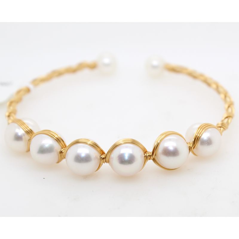 White Fresh Water Pearl Bracelet With Wire Wrapped In Gold