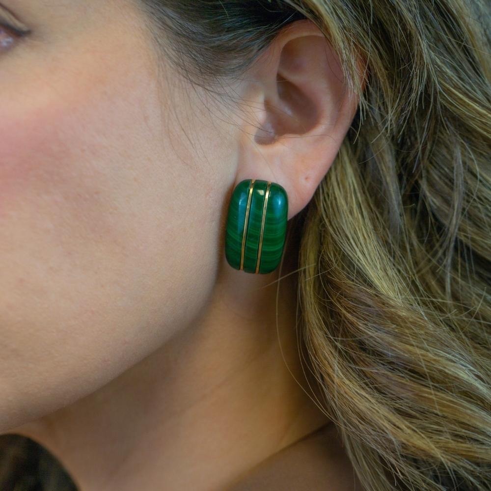 Estate 14 Karat Yellow Gold Malachite Earrings