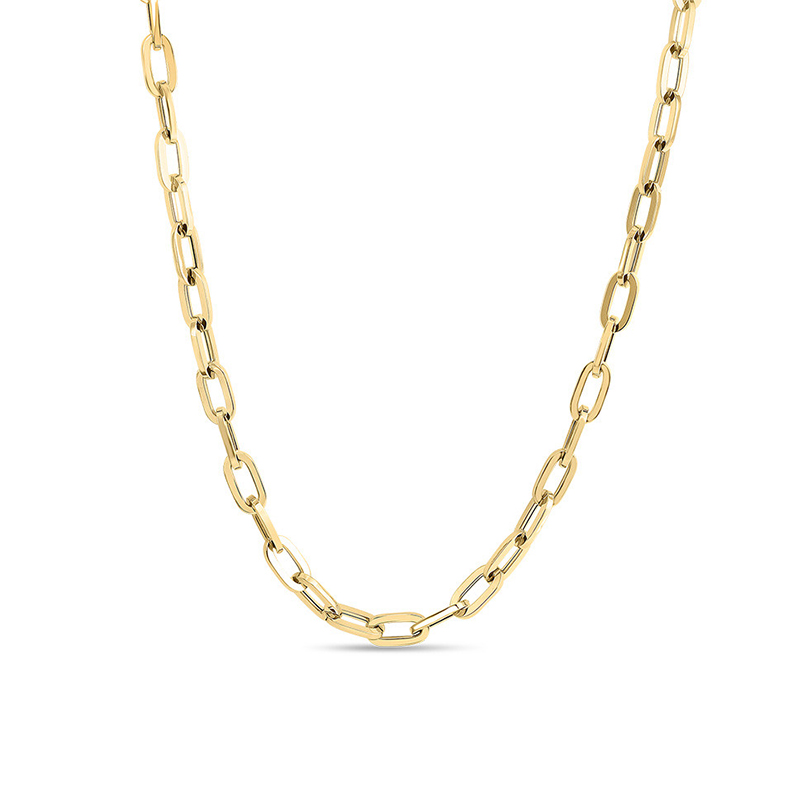 Roberto Coin Eighteen Karat Yellow Gold Classic Oro Collar Necklace Measuring 34 Inches Long With A Lobster Clasp.