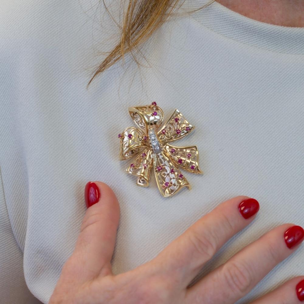 Estate 14 Karat Yellow Gold Ruby And Diamond Bow Pin Pendant