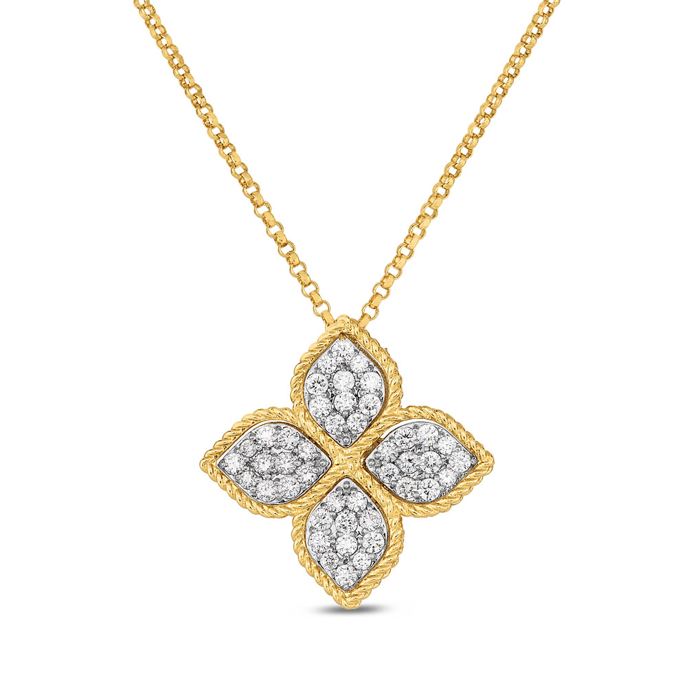 Roberto Coin Eighteen Karat Yellow Gold Diamond Princess Flower Large Pendant Suspended On A Rolo Link Chain Measuring 18 Inches Long Adjustable To 16 Inches