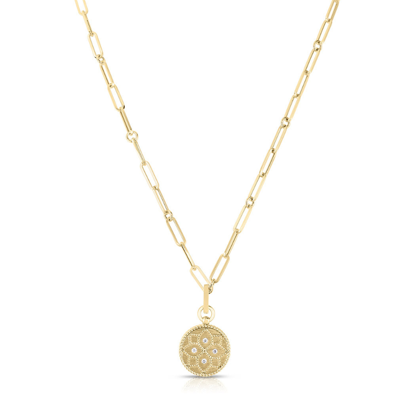 Robert Coin 18 Karat Yellow Gold Small Diamond Medallion On A Paperclip 18" Chain From The Venetian Princess Collection