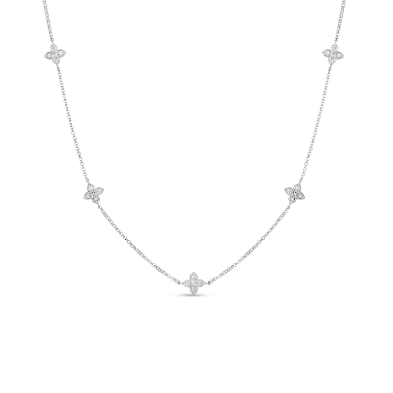 Roberto Coin 18 Karat White Gold Love By The Inch 5 Station Flower Necklace Measuring 17 Inches