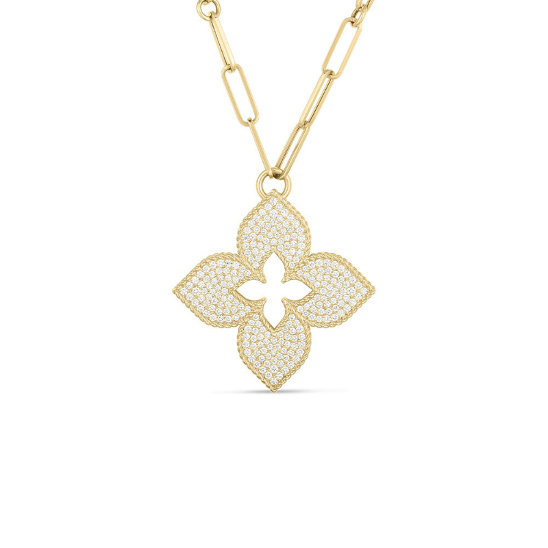 Roberto Coin 18 Karat Yellow Gold Diamond Venetian Princess Cutout Four Petal Flower Pendant Long Necklace.