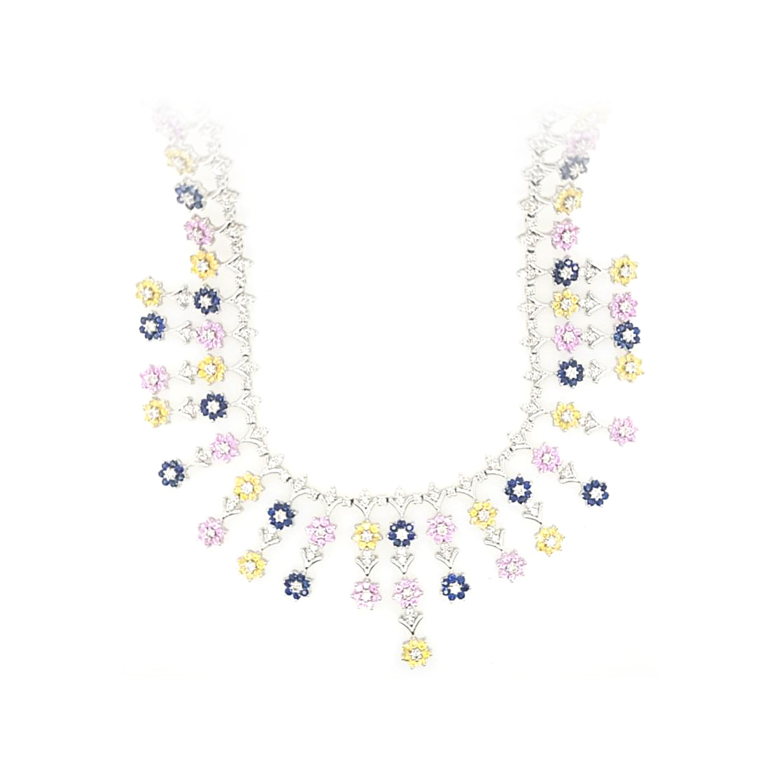 Vintage 18 Karat White Gold Multicolor Sapphire and Diamond Flower Necklace