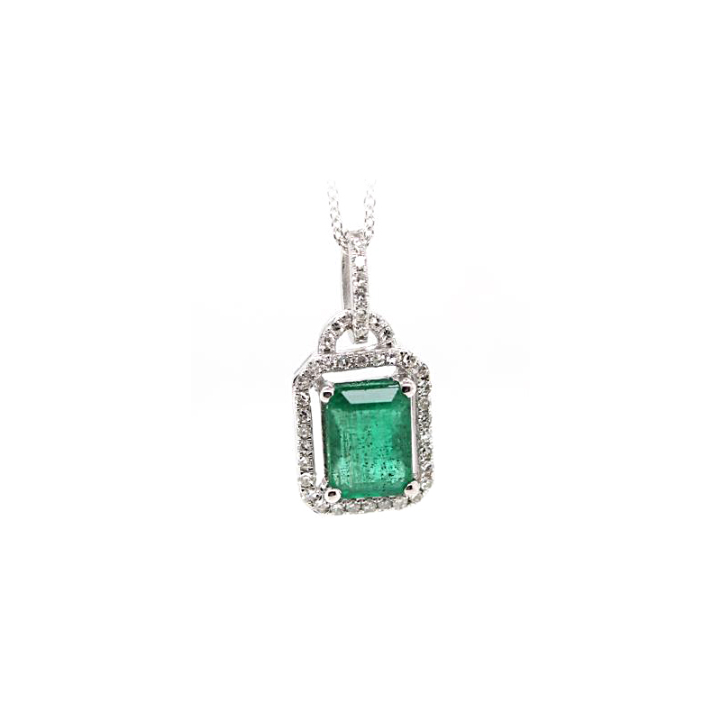 Vintage 14 Karat White Gold Emerald and Diamond Pendant Necklace