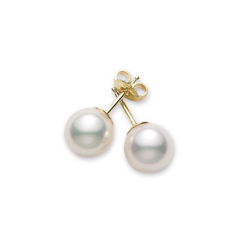 Mikimoto 18 karat yellow gold 6 by 6.5mm white cultured pearl stud earrings AA quality.
