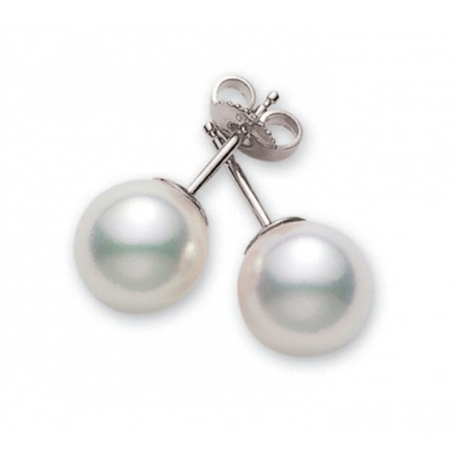 Mikimoto 18 karat white gold 7 by 7.5mm white cultured pearl stud earrings AA quality.