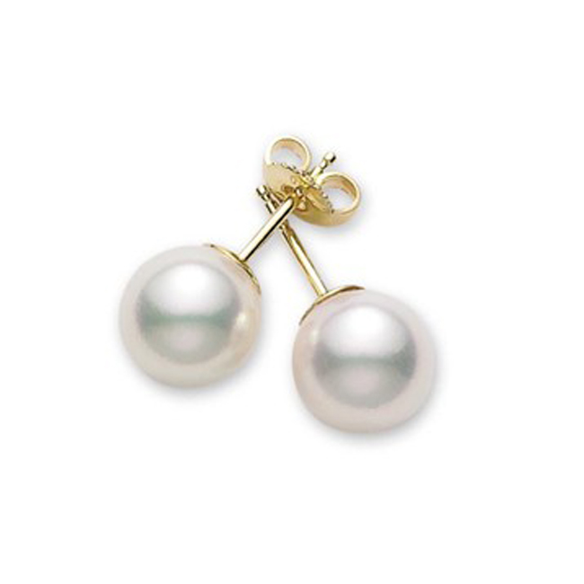Mikimoto 18 karat yellow gold 8 by 7.5mm white cultured pearl stud earrings A quality.