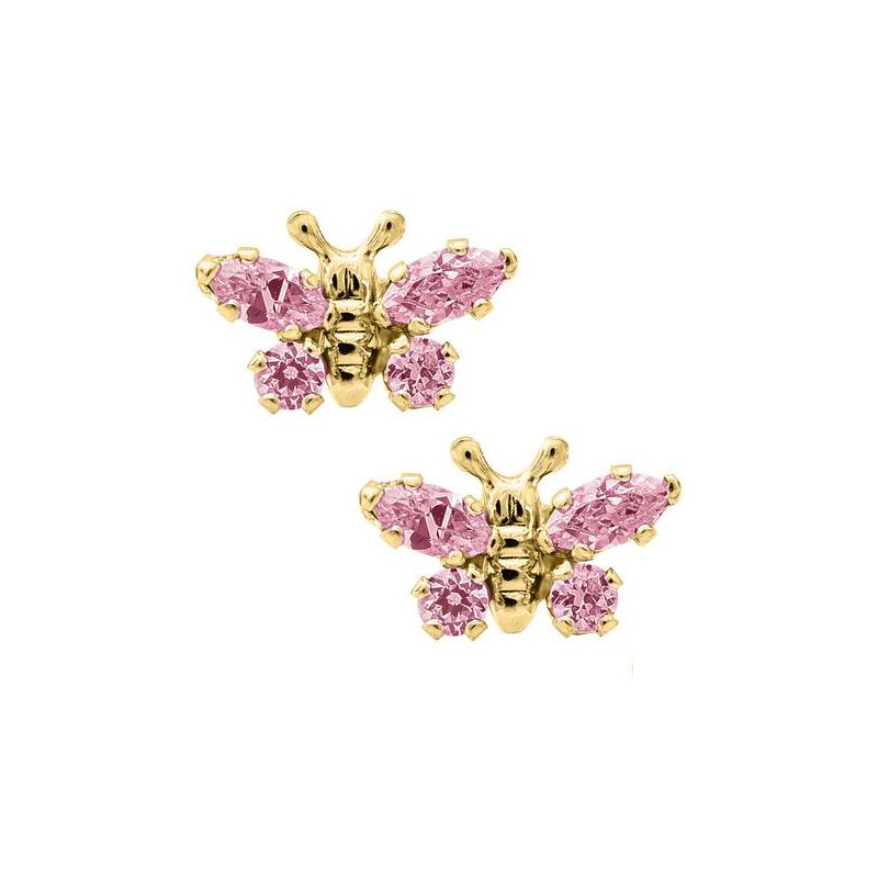 14 Karat Yellow Gold Pink Cubic Zirconia Butterfly Earrings