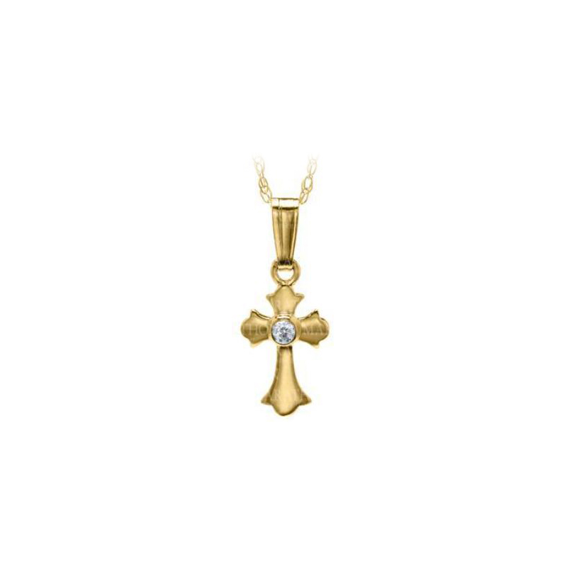 14 Karat Yellow Gold Clear Cubic Zirconia Cross Pendant Necklace