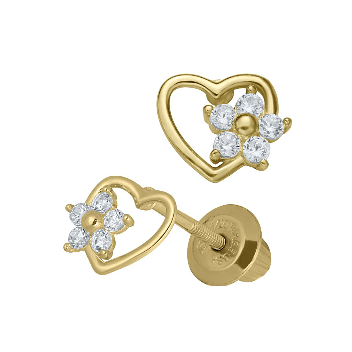 Baby's 14 Karat Yellow Gold Open Heart with White Cubic Zirconia Flower Earrings