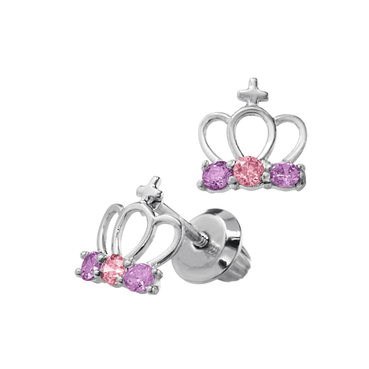 Baby's Sterling Silver Pink and Purple Cubic Zirconia Crown Earrings