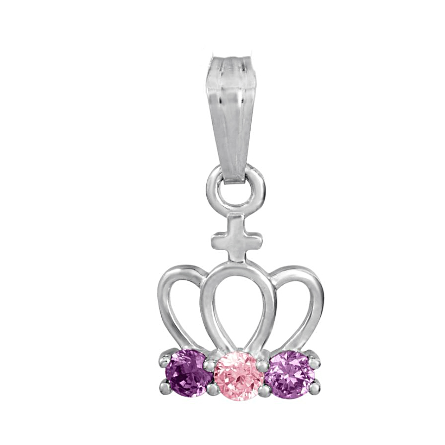 Baby's Sterling Silver Pink and Purple Cubic Zirconia Crown Pendant Necklace
