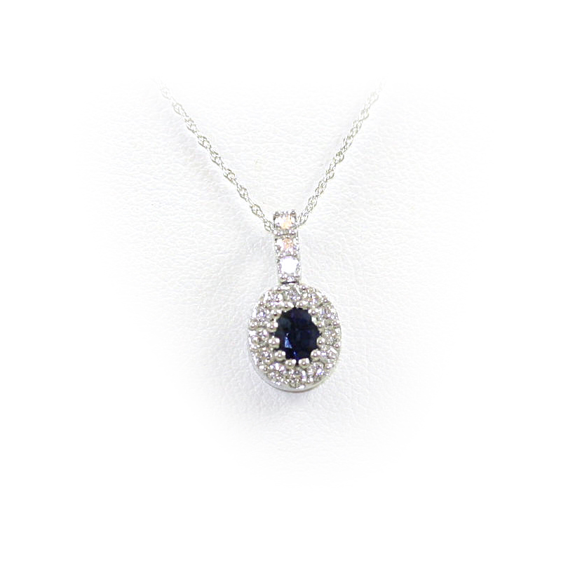 14 Karat White Gold Oval Sapphire and Diamond Pendant Necklace