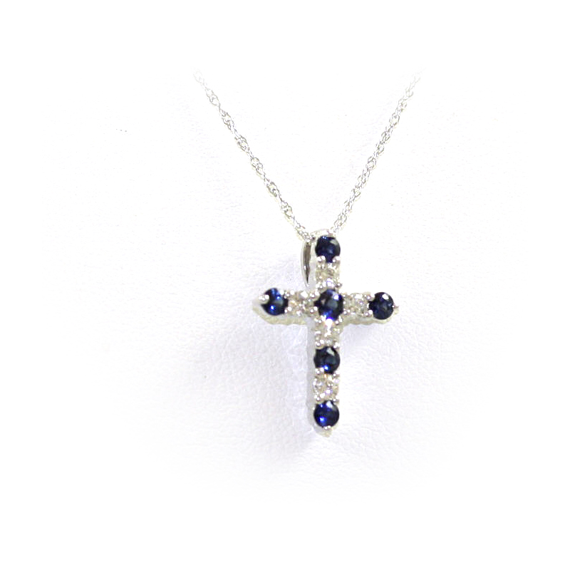 14 Karat White Gold Sapphire and Diamond Cross Pendant Necklace