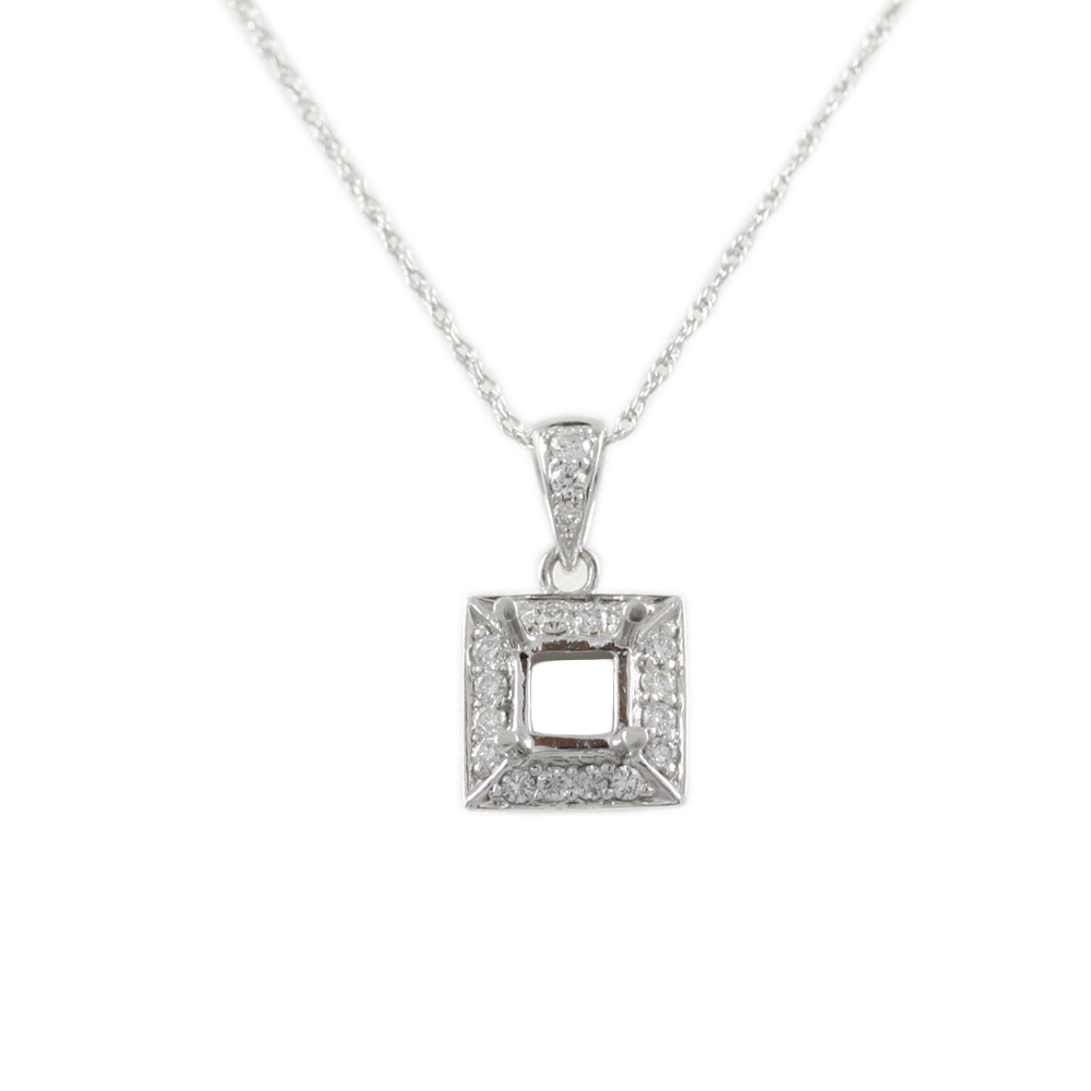 14 Karat White Gold Square Diamond Semi-Mount Pendant Necklace