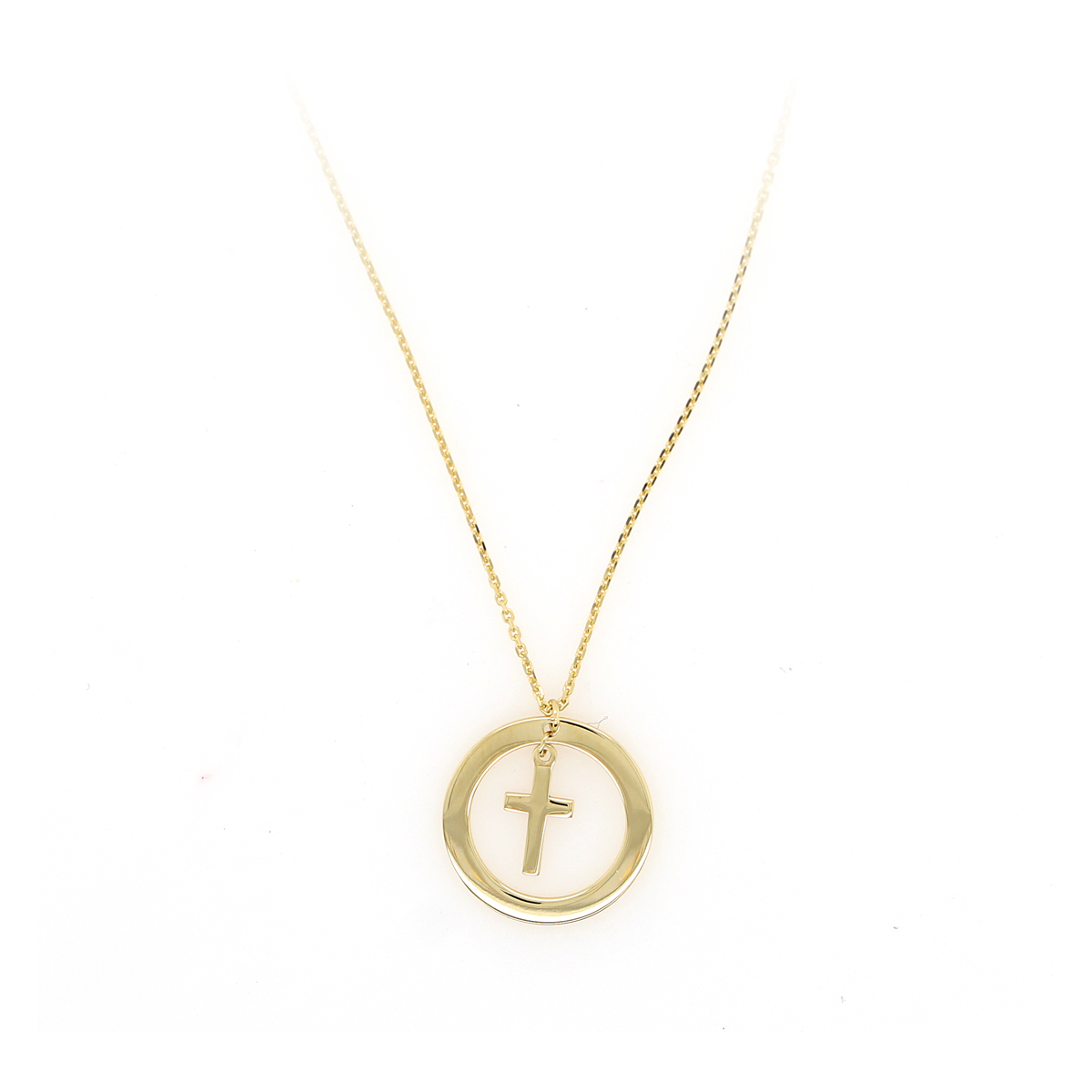 14 Karat Yellow Gold Open Circle with Cross Pendant Necklace