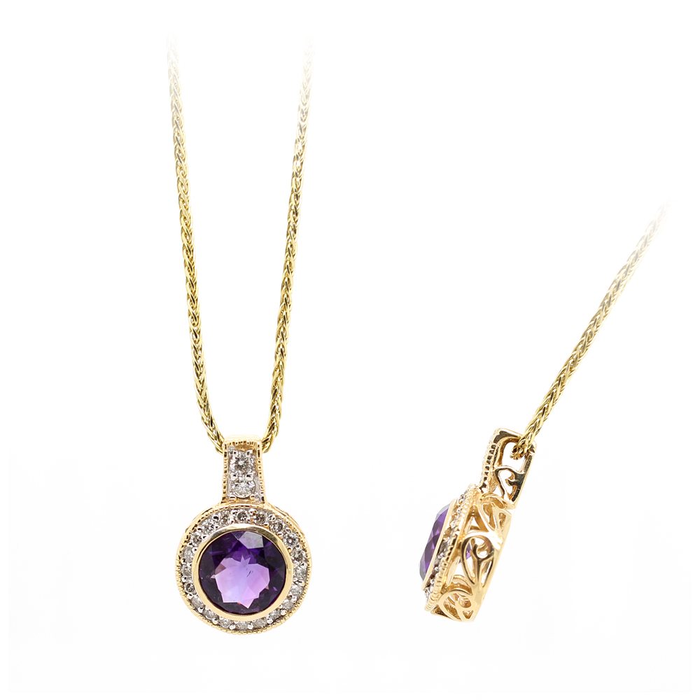 Ryan Gems 14 Karat Yellow Gold Amethyst and Diamond Pendant Necklace