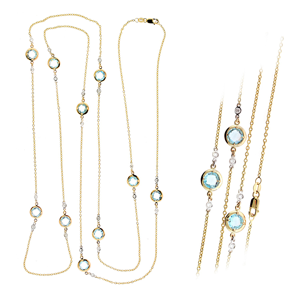 Ryan Gems 14 Karat White Gold Blue Topaz and Diamond Station Necklace