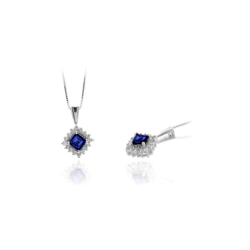 Ryan Gems 14 Karat White Gold Square Blue Sapphire and Diamond Pendant Necklace