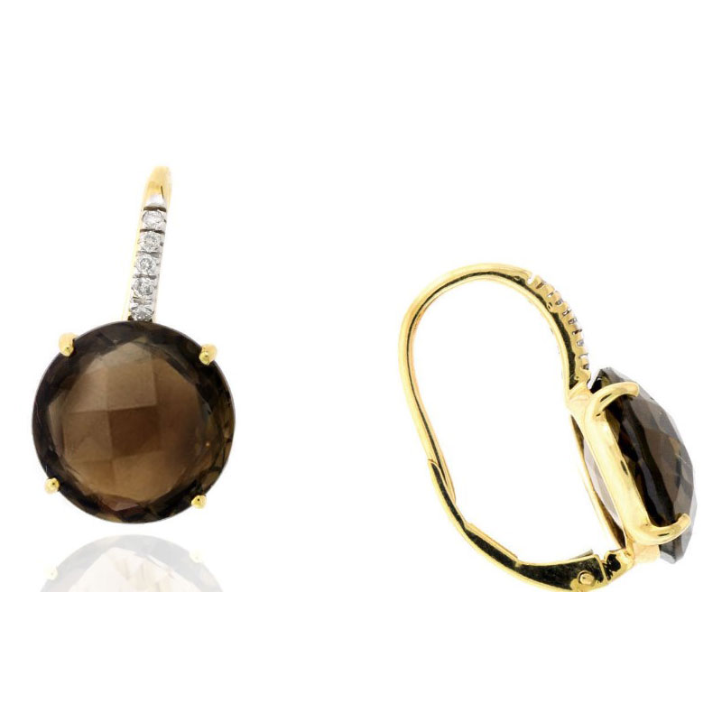 14 Karat Yellow Gold  Smokey Topaz And Diamond Earrings